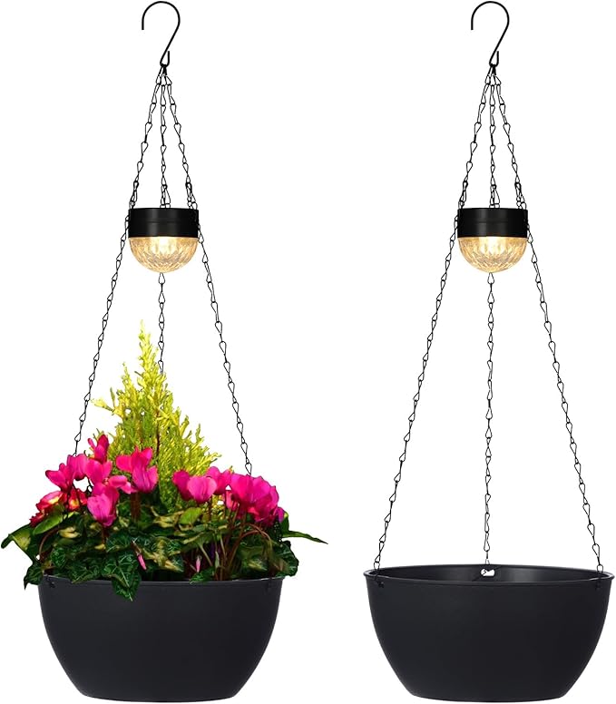 2 Packs Solar Hanging Basket Planters for Plants Outdoor, Self Watering Black Flower Plants Pots with Solar Light Drainer for Balcony Patio Garden Outdoor Decoration-Ruum Studio Home