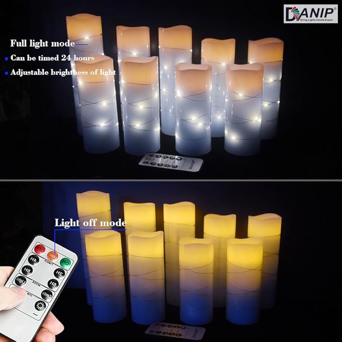 Sky Blue Flameless Candle, with Built-in Star Clusters, 9 LED Candles, 11 Button Remote Control, 24-Hour Cycle Timing, Flashing Flames, Real Wax, Battery Powered. (Full Sky Star Series)…-Ruum Studio Home