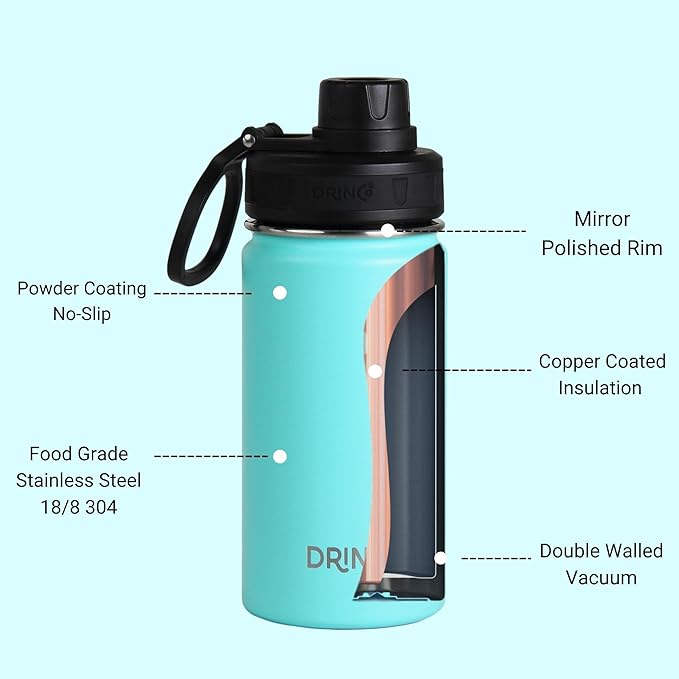 DRINCO Stainless Steel Water Bottle Spout Lid Vacuum Insulated Double Wall Water Bottle Wide Mouth (40oz 32oz 22oz 18oz 14oz) Leak Proof Keeps Cold or Hot (14 oz, 14oz Teal)-Ruum Studio Home
