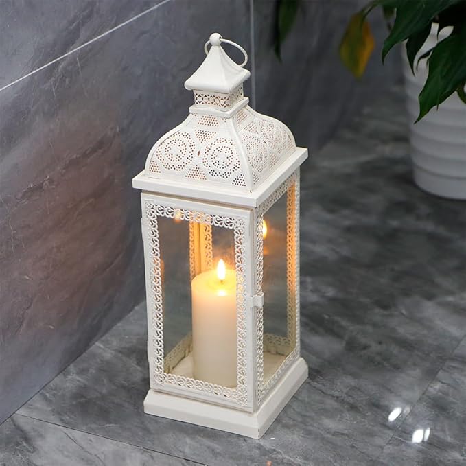 TRIROCKS Rustic Style Metal Candle Lantern 19'' High Decorative Hanging Lantern Candle Holder with Tempered Glass for Christmas Living Room Garden Yard Patio Parties Events Indoors Outdoors(Cream)-Ruum Studio Home