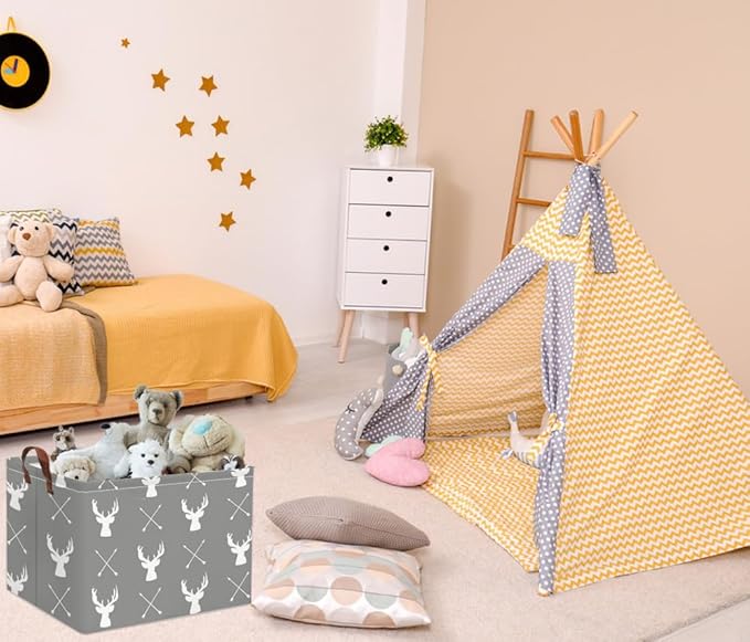 HIYAGON Baby Basket Cute Toy Bin for Boys and Girls Kids Storage Bin Organizer Box Gift Basket Empty Rectangular Deer Room Decor for Home(Grey deers)-Ruum Studio Home
