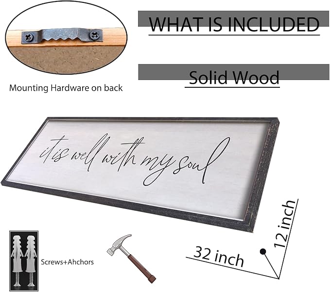 It Is Well With My Soul Wall Decor 32"x12" Bible Verse Christian Scripture Wood Framed Art Sign for Master Bedroom Living Room(Black)-Ruum Studio Home