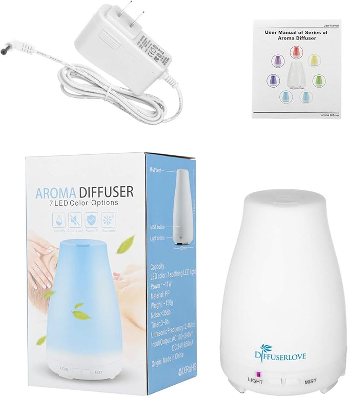 Diffuserlove Essential Oil Diffusers 200ML Remote Control Ultrasonic Mist Humidifiers BPA-Free Aromatherapy Diffuser with 7 Color Lights, Auto Shut-Off for Bedroom Office Kitchen-Ruum Studio Home
