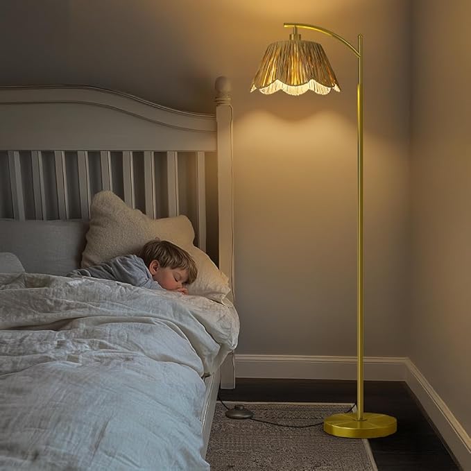 Oneach Arc Floor Lamp for Living Room,Rattan Boho Floor Lamp with Hand-Woven Wicker Shade, Foot Switch,Gold Metal Base & Pole,Farmhouse Standing Lamp for Bedroom Corner,Reading-Ruum Studio Home