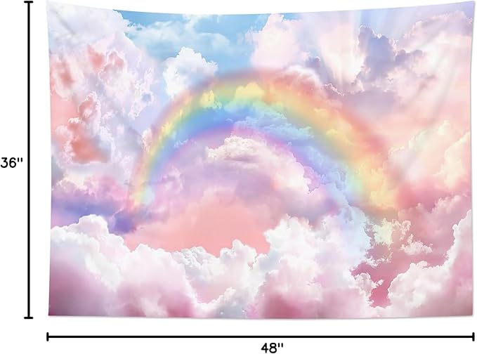 HVEST Rainbow Cloud Tapestry Wall Hanging, Rainbow and Pink Cloud with Glow Sunshine in Pastel Sky Tapestry, Aesthetic Nature Landscape Tapestry for Living Room Bedroom Aesthetic Decor, 36L x 48W Inches-Ruum Studio Home