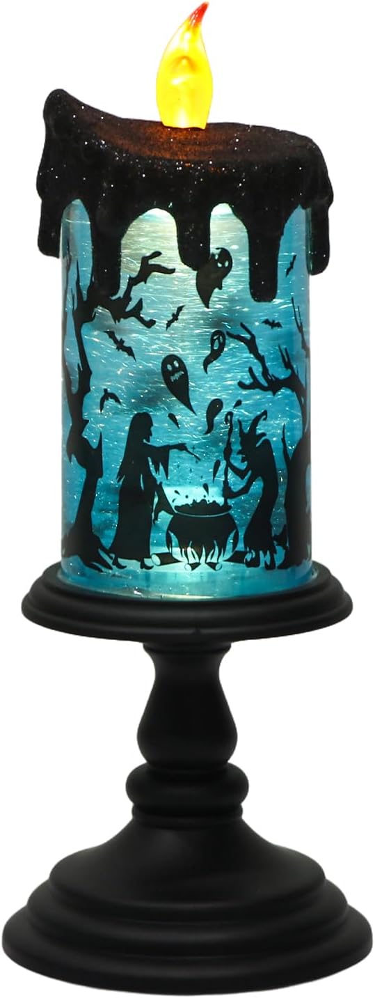 Eldnacele Halloween Snow Globe Flameless Candle with Timer, Battery Operated Spooky Spinning Water Glittering Tornado Lamp LED Candlestick Table Fireplace Witch Decal Halloween Holiday Decoration-Ruum Studio Home