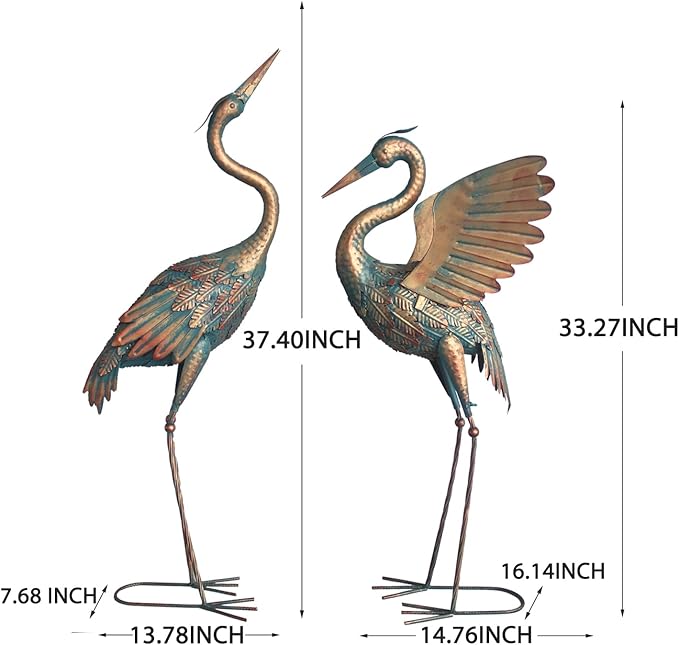 33-37 Inch Metal Crane Garden Statue Décor, Bird Heron Garden Sculpture & Statues, Outdoor Decoration for Yard Pond Lawn Backyard Pool, Vintage Spread Wings Crane, Set of 2 Copper…-Ruum Studio Home