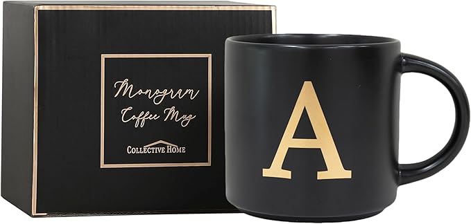 COLLECTIVE HOME - Monogram Ceramic Mugs, 15 oz Golden Initial Black Coffee Cups, Elegant Alphabet Tea Mugs, Elegant Personalized Mug with Gift Box, Unique Mug with Double Side Capital Lette (A-1)-Ruum Studio Home