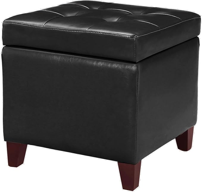 Adeco Storage Ottoman Foot Rest Stool, Leather Ottoman Footstool with Wood Legs and Hinged Lid, 18" Small Foot Stool Bench for Living Room, Bedroom, Black-Ruum Studio Home