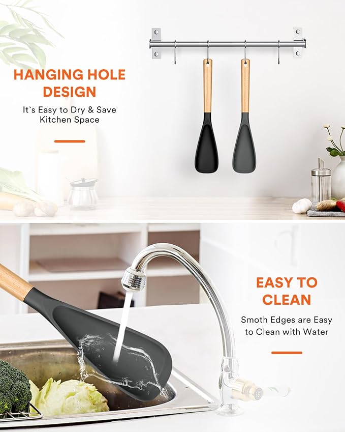 Cooking Spoon for Nonstick Cookwares, Great for Cooking and Serving Sturdy BPA-Free Matte Silicone, Wood Handle Spoon for Mixing, Scoop, and Scrape (Black & Grey, 13.4 inch)-Ruum Studio Home