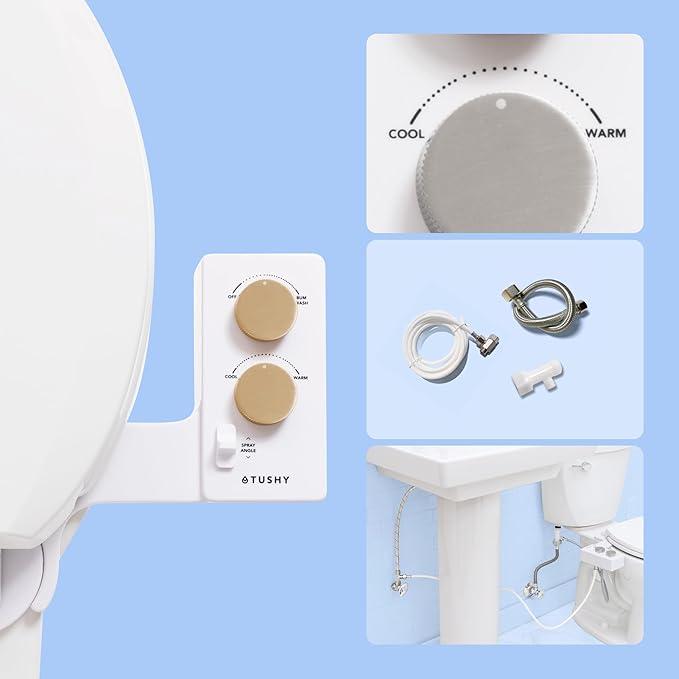 TUSHY Spa Royale Warm Water Bidet Seat Attachment. Self Cleaning Water Sprayer, Adjustable Pressure Nozzle, Angle Control. (Requires Sink Access for Water Temperature Control), Gold Knobs-Ruum Studio Home