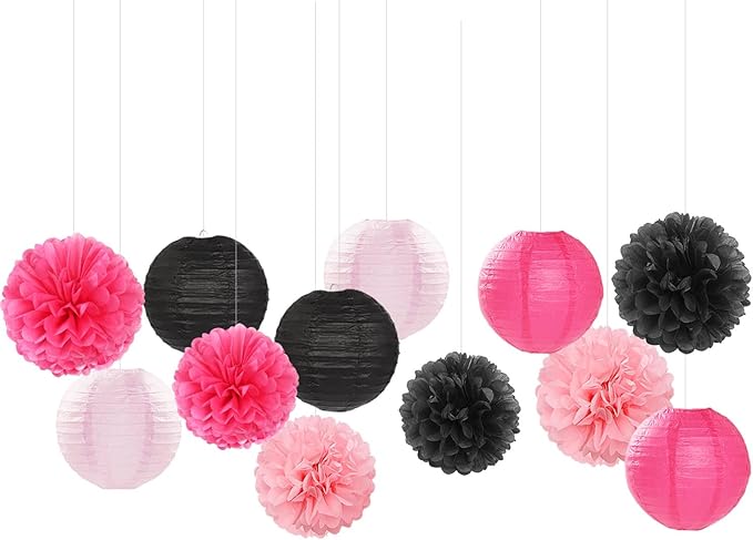 Hot-Pink Black Party-Decorations Paper Flowers Lanterns - 15PCS Graduation Birthday Tissue Pom Poms Streamers,Baby Girl Women Bachelorette Hanging Supplies Decor Hugfond-Ruum Studio Home