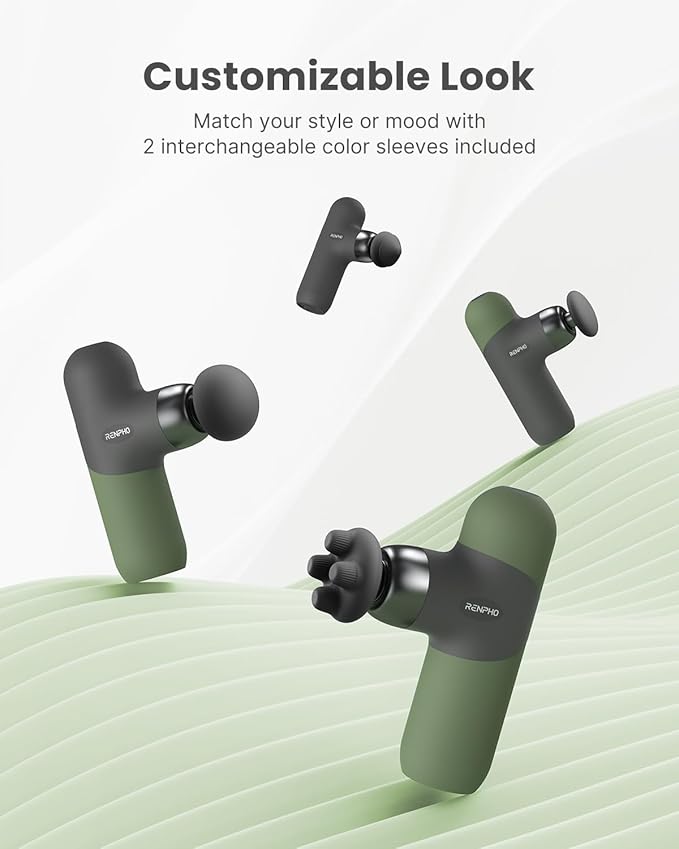 RENPHO Mini Thermal Massage Gun with Heat, Portable Deep Tissue Percussion Massager, Color Silicone Sleeves Travel Size with Carry Case, Olive Drab-Ruum Studio Home