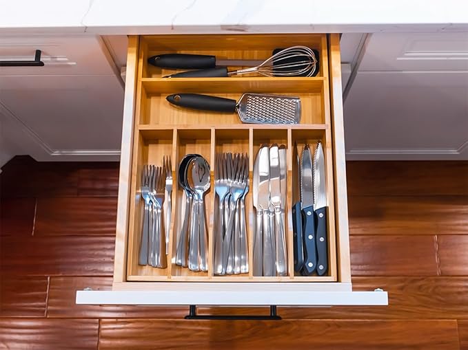 Umilife Bamboo Kitchen Drawer Organizer, 13 Inch Silverware Utensil Tray Holder, Extra Deep Grooved Drawer Divider, 7 Slots Total Bamboo Wood Caddy for Flatware Cutlery Knives, Forks, Spoons-Ruum Studio Home