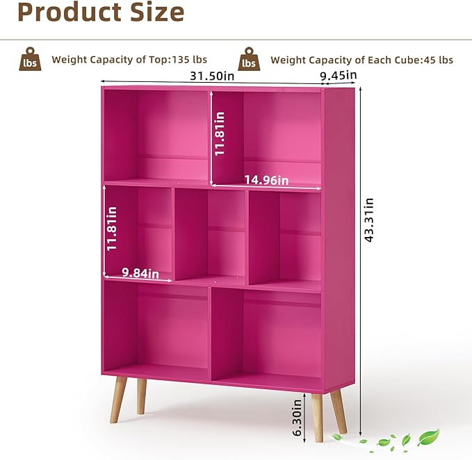 LEYAOYAO 7 Cube Bookshelf,3 Tier Book Shelf with Legs,Pink Modern Bookshelf,Large Freestanding Open Toy Modern Bookshelves,Display Bookcases Decor Furniture for Nursery-Ruum Studio Home