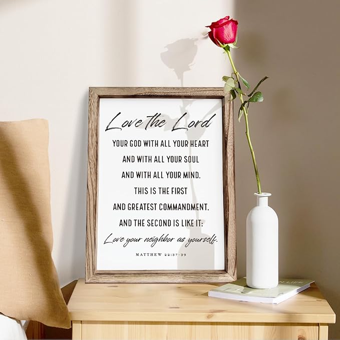Christian Wall Plaque, Master Bedroom Decor Above Bed, Rustic Farmhouse Christian Decor, Matthew 22:37-39 Signs, Framed Wall Plaque Sign 15 * 11.5 inches, Love the Lord Sign-Ruum Studio Home