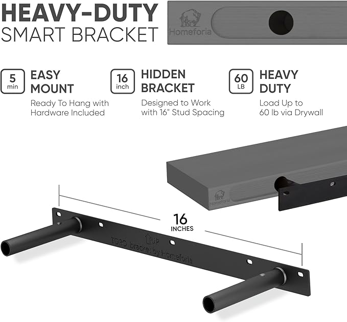 Homeforia 24inch Gray Floating Shelves for Wall, High End Solid Real Wood 24in Floating Shelf for Bathroom, Grey Wooden 24 inch Long Floating Shelves, Heavy Duty Bracket, 24 X 6.5 X 1.75 in, Set of 2-Ruum Studio Home
