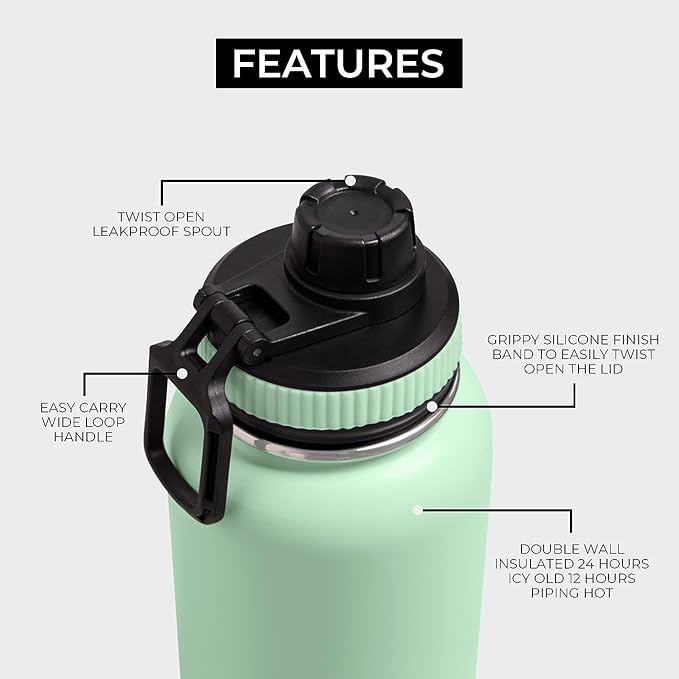 BOZ Stainless Steel Water Bottles 2 Pack Bundle - Pink Water Bottle + Green Water Bottle - Vaccum Insulated Water Bottles 32 Oz - Wide Mouth BPA Free Sport Water Bottles for Gym with Spout Lid