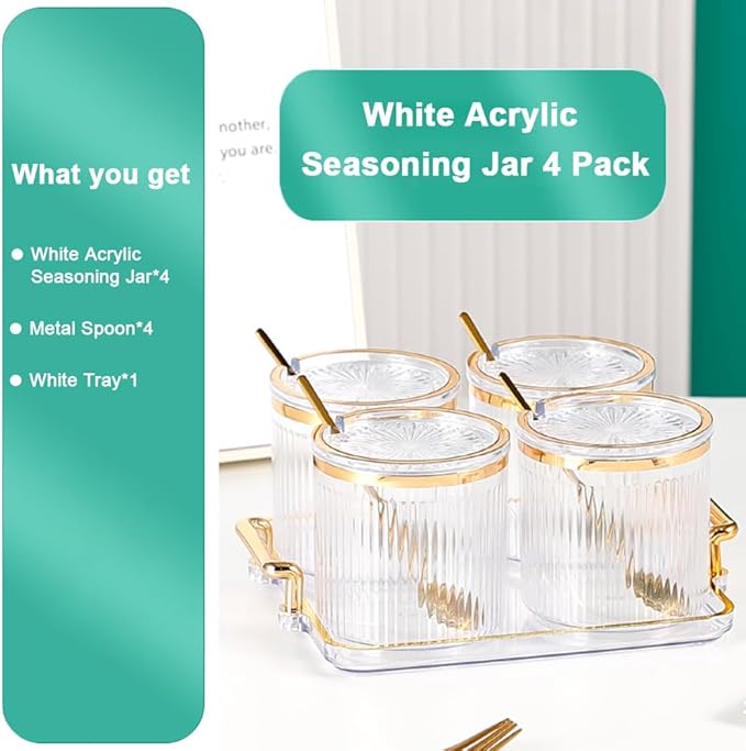 Acrylic Condiment Spice Jars,Condiment Spice Box With Lids and Spoons and Tray,Clear Plastic Sugar Salt Canisters,Seasoning Box 4 Pack,Seasoning Box Set for Kitchen to Storage Salt,Paprika,Sugar-Ruum Studio Home