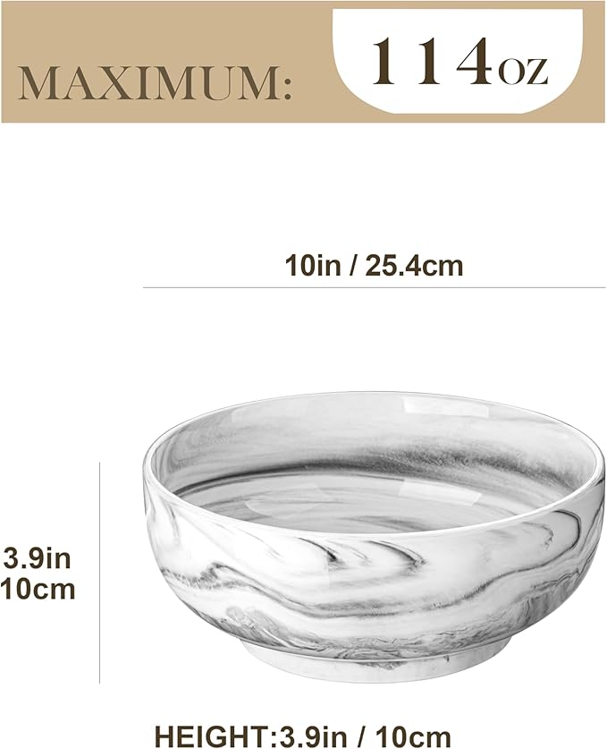 MALACASA Salad Bowls, 114 OZ(10") Extra Large Serving Bowls Set of 2, Porcelain Marble Grey Bowls Set for Soup, Salad, Ramen and Fruit, Dishwasher& Microwave Safe, Series REGULAR-Ruum Studio Home