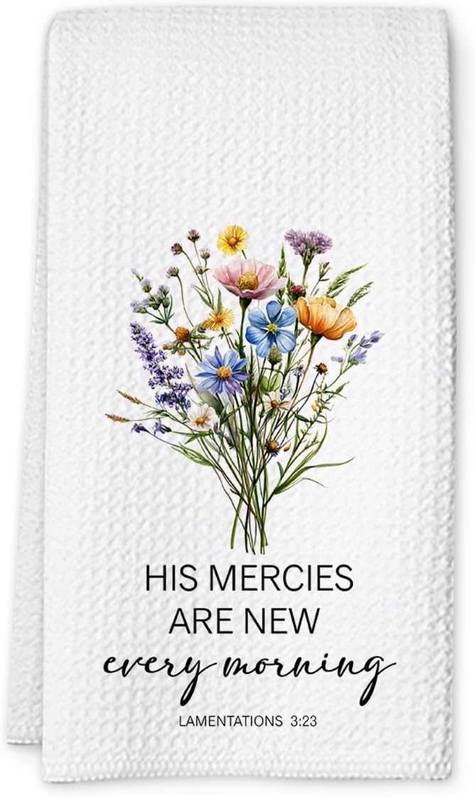 Christian Kitchen Towel, Waffle Weave Microfiber Scripture Hand Towel, His Mercies are New Every Morning Bible Verse Farmhouse Decor for Kitchen Bathroom, Inspirational Gift for Women-Ruum Studio Home