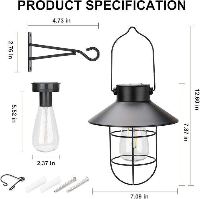 pearlstar Solar Lantern Outdoor 2 Packs Hanging Light Metal Solar Lamp with Warm White Edison Bulb Design for Garden Yard Patio Proch Decor(Black)-Ruum Studio Home