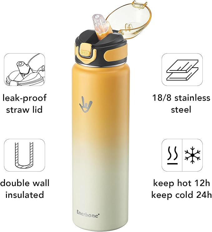 Enerbone 32 oz Insulated Water Bottle, Stainless Steel Bottle with Carrying Strap, Double-Wall Vacuum Insulation Design, Leakproof Sports Bottle with Straw, Keep Drinks Cold or Hot for Hours-Ruum Studio Home