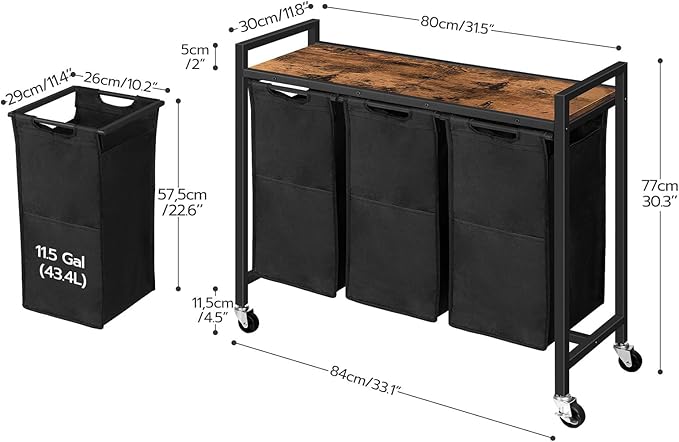 HOOBRO Laundry Sorter 3 Section, Laundry Hamper with Wheels, 3 × 11.5 Gal (43.5 L), Rolling Laundry Basket, Pull-Out and Removable Oxford Fabric Laundry Bags, Rustic Brown and Black BF76XY01-Ruum Studio Home