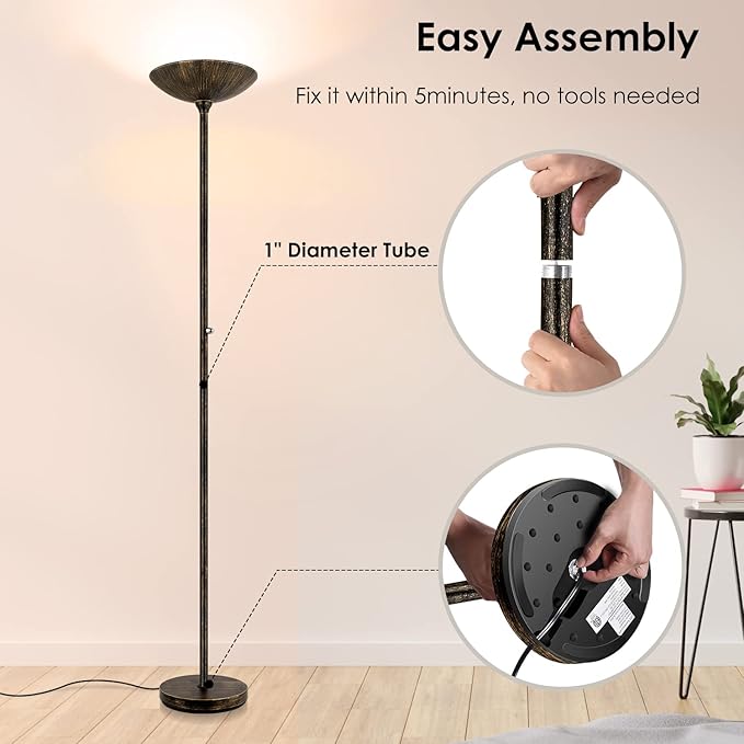 BoostArea Torchiere Floor Lamp Antique Bronze, 24W Super Bright LED Standing Lamp, 3000K Dimmable Pole Lamp with Rotary Switch, 70 Inch Tall Metal Modern Floor Lamps for Living Room/Bedroom/Office/Den-Ruum Studio Home