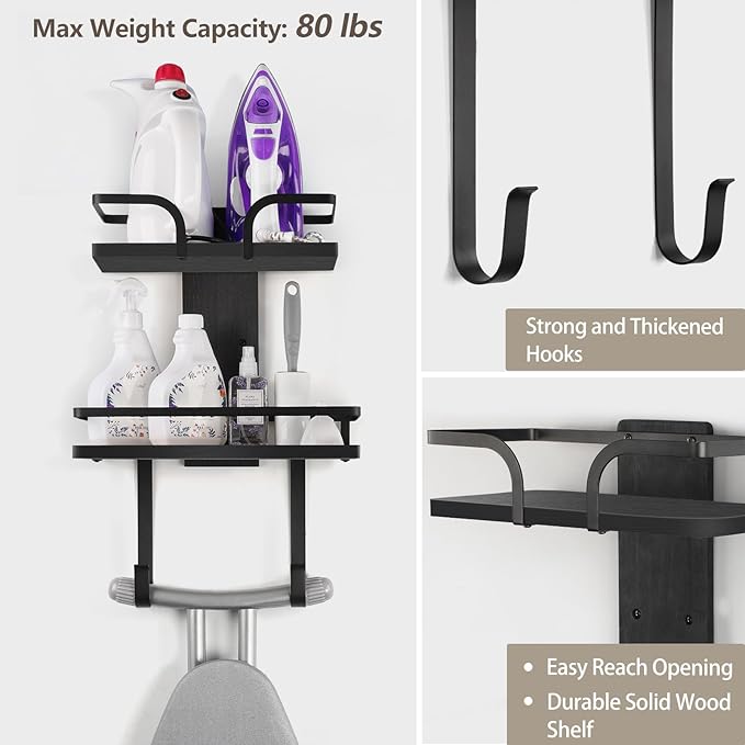VINAEMO Ironing Board Hanger Wall Mount, 2-Layer Iron and Ironing Board Holder, Laundry Room Shelves Solid Wood with Removable Hooks Home Organization and Storage-Ruum Studio Home