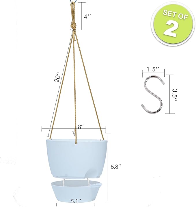 8 inch Hanging Planters, 2 Pack Self Watering Hanging Pots with 20oZ Deep Reservoir for Indoor Outdoor Plants Flowers, White-Ruum Studio Home