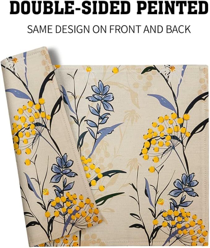 Floral Placemats Set of 4 Vintage Floral Summer Flowers Yellow Placemats for Kitchen Table Linen Placemats Washable Non-Slip Heat Resistant Place Mats for Party Kitchen Dining Decorations 18x12 Inch-Ruum Studio Home