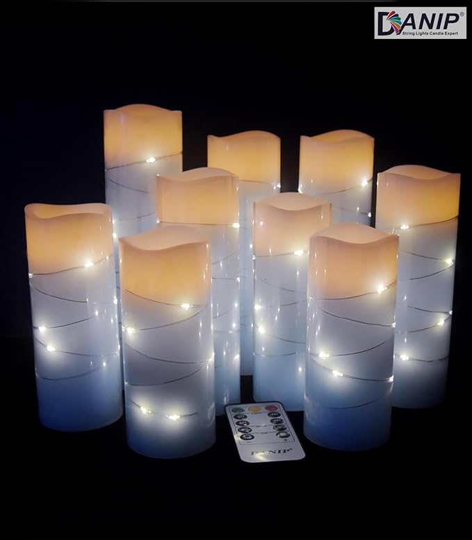 Sky Blue Flameless Candle, with Built-in Star Clusters, 9 LED Candles, 11 Button Remote Control, 24-Hour Cycle Timing, Flashing Flames, Real Wax, Battery Powered. (Full Sky Star Series)…-Ruum Studio Home