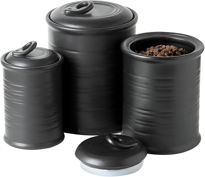 Nihow Food Storage Jar Sets: Ceramic Container with Air Tight Lid for Flour/Sugar/Rice/Coffee/Cookies/Candy - Seal Damp-proof Canister for The Kitchen - Set of 3 （Matte Black）-Ruum Studio Home
