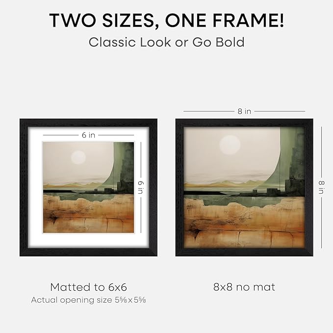 Homeforia 8x8 Picture Frame Black Wood, High-End Oak 8 x 8 Square Frames with Mat 6 by 6 inch Photo, 8x8 Wooden Frame Matted to 6x6 Art, 8by8 Wall or Tabletop Frame, Tempered Glass, Wall Kit, Set of 1-Ruum Studio Home