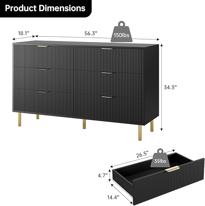 GAOMON 6 Drawer Dresser, Wood Chest of Drawers Organizer Storage with Gold Handle, Large Storage Cabinet, Modern Design Dresser for Bedroom, Living Room, Closet, Hallway, Entryway, Black-Ruum Studio Home