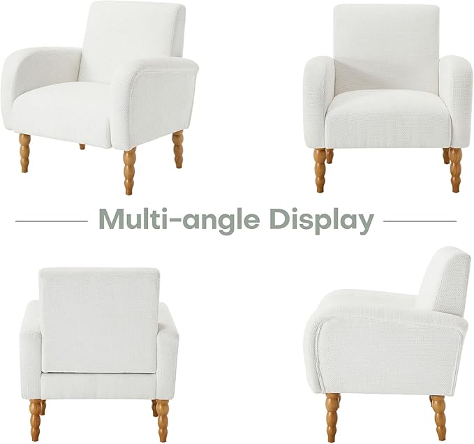 Chenille Fabric Accent Chair, Upholstered Armchair with Solid Wood Legs, Modern Living Room Accent Chair, Comfy Single Sofa Chair Reading Club Chair for Bedroom Reception Lounge, White-Ruum Studio Home