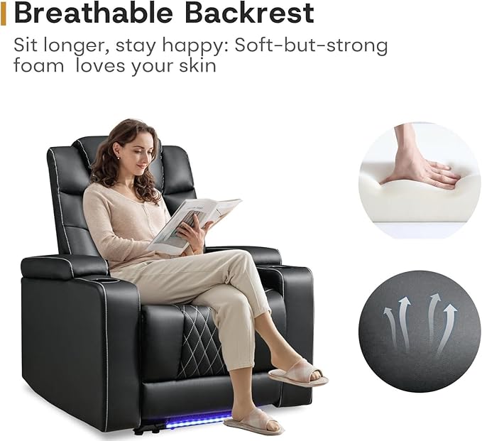 ANJ Power Home Theater Recliner Chair Set of 2, Electric Movie Theater Seating Reclining Chairs with Cup Holders for Living Room, Faux Leather with Blue LED, USB Ports, Hidden Arm Storage (Black)-Ruum Studio Home