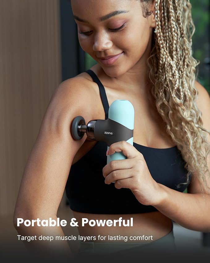 RENPHO Mini Thermal Massage Gun with Heat, Portable Deep Tissue Percussion Massager, Color Silicone Sleeves Travel Size with Carry Case, Mint-Ruum Studio Home