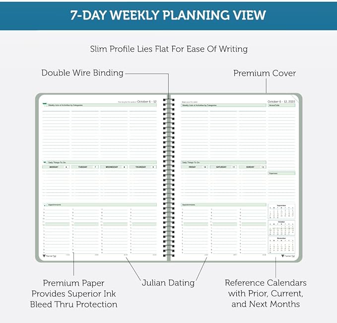 Planner Pad Spiral Bound 3-Tier Funnel Down 12 Month Organizer, October 2025 – September 2026, Greenish Grey Cover/Soft Green Ink, 8 1/2" x 11"-Ruum Studio Home