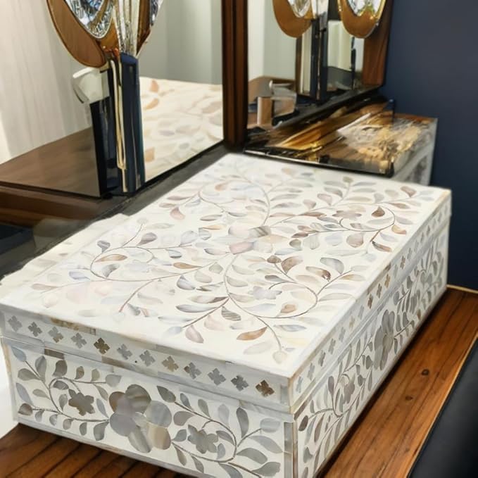 Decorative Storage Box Of Mother Of Pearl Inlay Floral Design Wooden Storage Box For Home Decoration For Living Dining & Bedroom (White_9x6x3.5 inch)-Ruum Studio Home