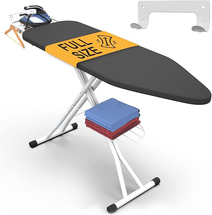 Xabitat Full Size Ironing Board 57" X 15" with Wall Mount Hanger, Full Metal Construction Iron Board, Built in Iron Caddy, Heat & Scorch Resistant Fabric, Cord Holder, Anti-Skid Feet, Heavy Duty-Ruum Studio Home