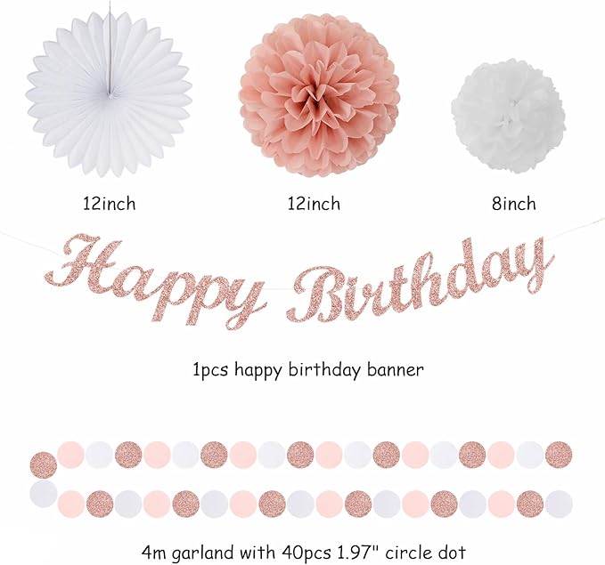 Light-Pink Rose-Gold Birthday Garland Party-Decorations - 14pcs Happy Banner Women Paper Flowers Lanterns Tissue Pom Poms,Streamers Fans Honeycomb Girls Adult Women Kids Hanging Supplies Decor Hugfond-Ruum Studio Home