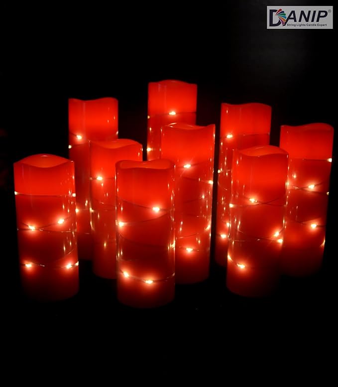 danip red flameless Candle, Built-in Star Cluster, 9 LED Candles, 11 Button Remote Control, 24-Hour Cycle Timer, Flashing Flame, Real Wax, Battery Powered. (Starry Sky Series)-Ruum Studio Home