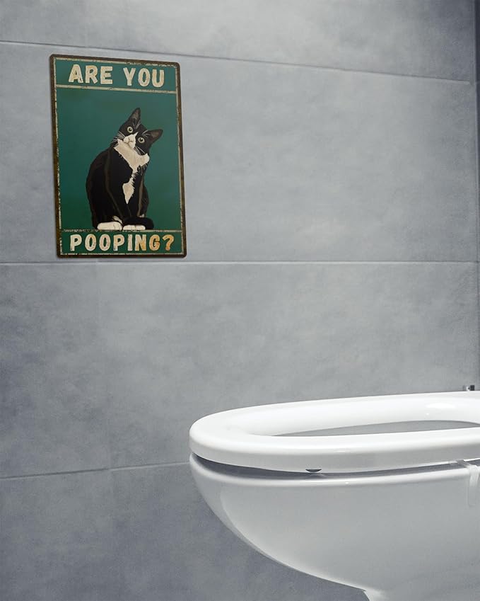 ALKB Bathroom Sign Tuxedo Cat Wall Decor Funny Metal Sign 8x12 Inch - Are You Pooping - Wall of Glory Decor Black Cat Sign-Ruum Studio Home