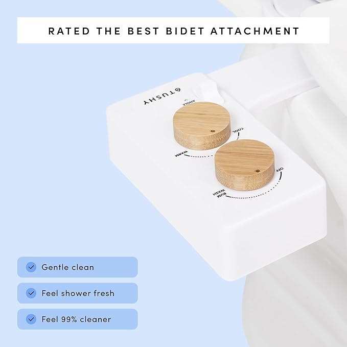 TUSHY Spa Warm Water Bidet Attachment for Toilet. Universal Fit, Easy Install (Requires Sink Access for Optional Temperature Control) Self Cleaning, Adjustable Pressure, Angle Control, Platinum Knob-Ruum Studio Home