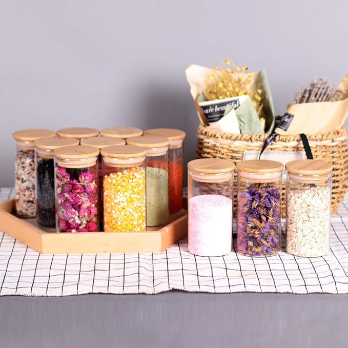 12 Pcs Glass Spice Jars - 8.5oz Empty Small Glass Bottles with Bamboo Airtight Lids and Labels - Thicken Seasoning Spice Containers for Kitchen Organization and Storage…-Ruum Studio Home