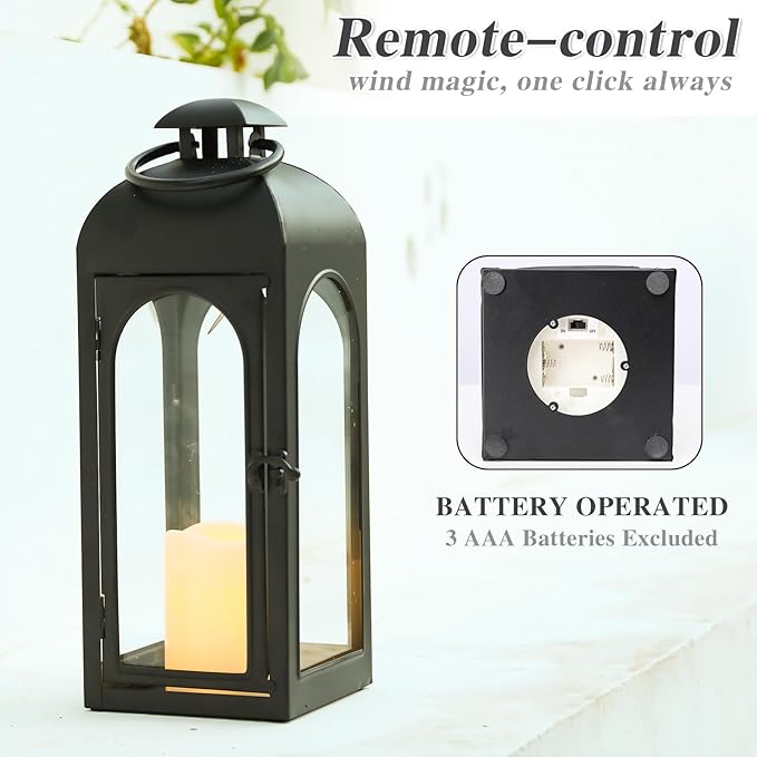 Bdor 2 Pack 16 Inches Metal and Tempered Glass Decorative Lantern with Electronic Wax Effect - Indoor/Outdoor Decorative Lighting, Handcrafted Aesthetic, Perfect for Home, Parties, and Holiday Decor-Ruum Studio Home