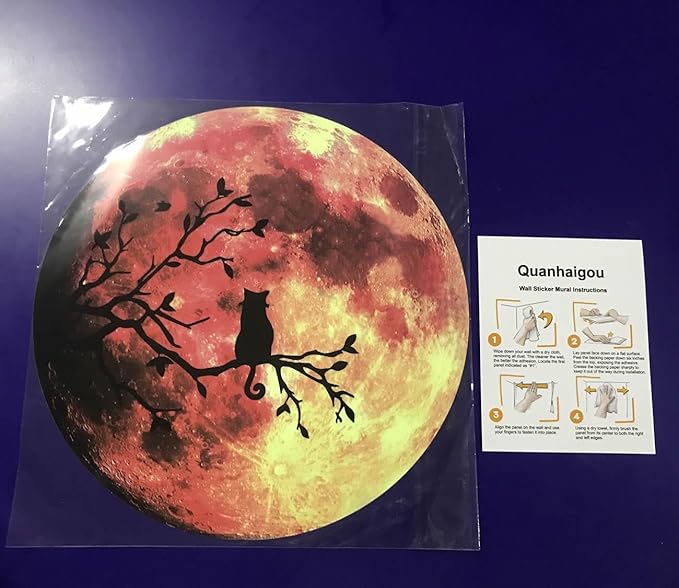 Quanhaigou Glow in The Dark Wall or Ceiling Moon Stickers – Luminous Decal Sticker for Simulated Planet Effect at Night – Red 3D Earth Black Tree Cat-Ruum Studio Home