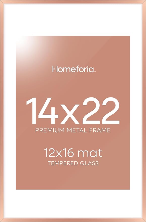 Homeforia 14x22 Picture Frame Rose Gold, High End Metal 14x22 Poster Frames with Mat 12x16 inch Photo, 14 x 22 Rose Gold Frame Matted to 12 by 16 Print, 22x14 Frame, Tempered Glass, Wall Kit, Set of 1-Ruum Studio Home